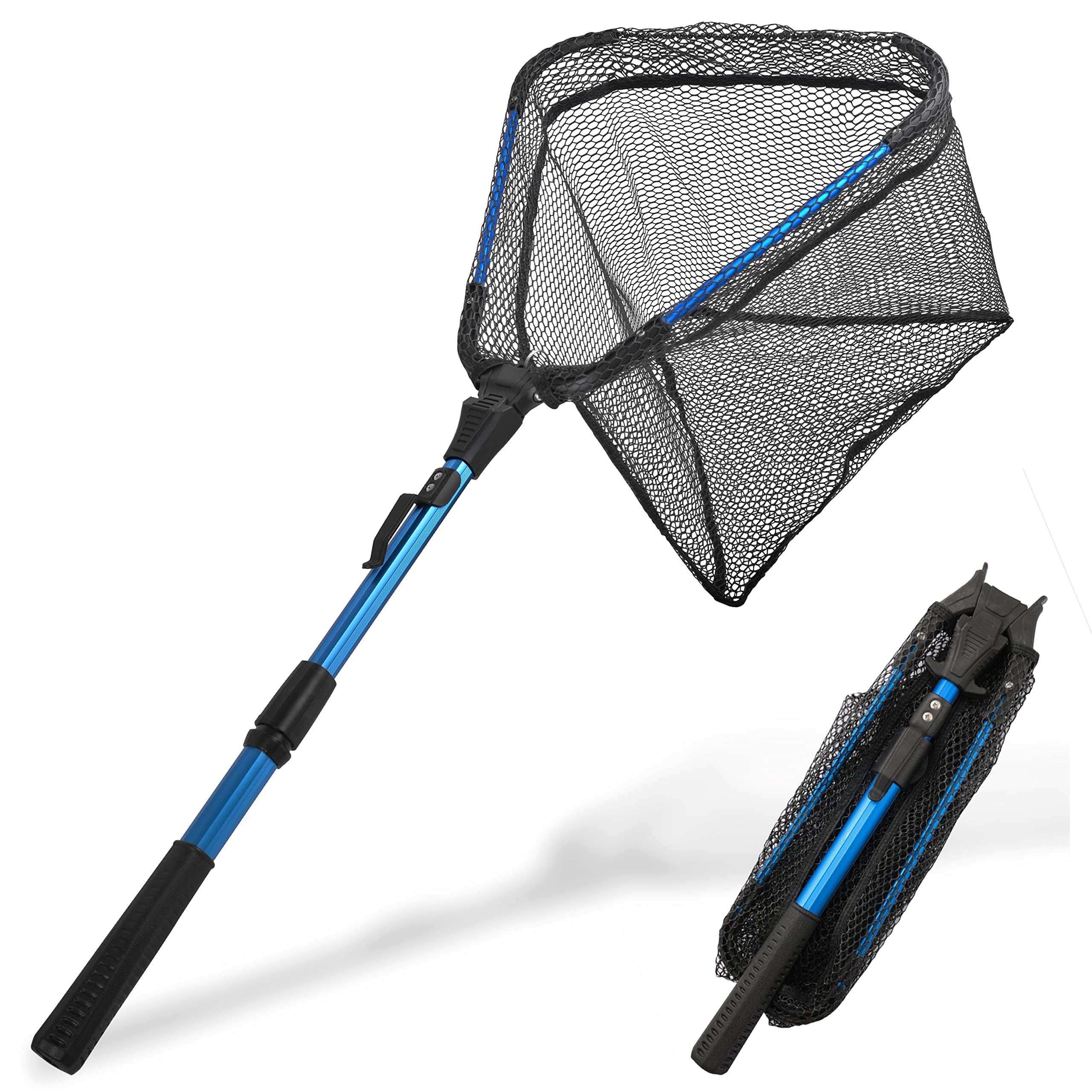 OROOTL Fishing Landing Net, Aluminium Alloy Foldable Fishing Net with Fixed/Telescopic Handle, Rubber Coated Nylon Mesh Fish-Friendly Net for Pike Salmon Trout Catfish, Easy Catch and Release