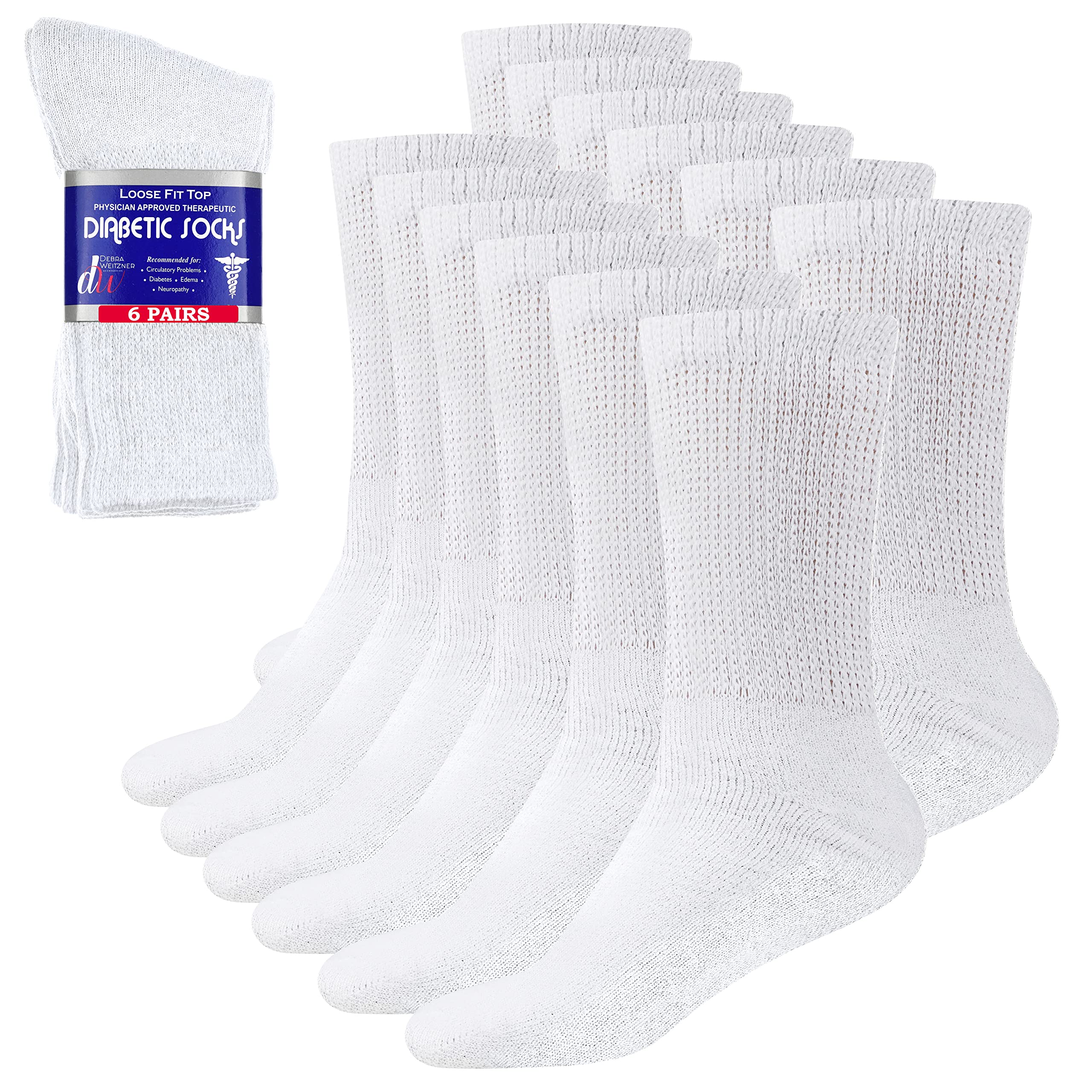 Debra Weitzner Diabetic Socks For Men and Women Loose Fit Non-Binding Cotton Crew Socks 6 Pairs
