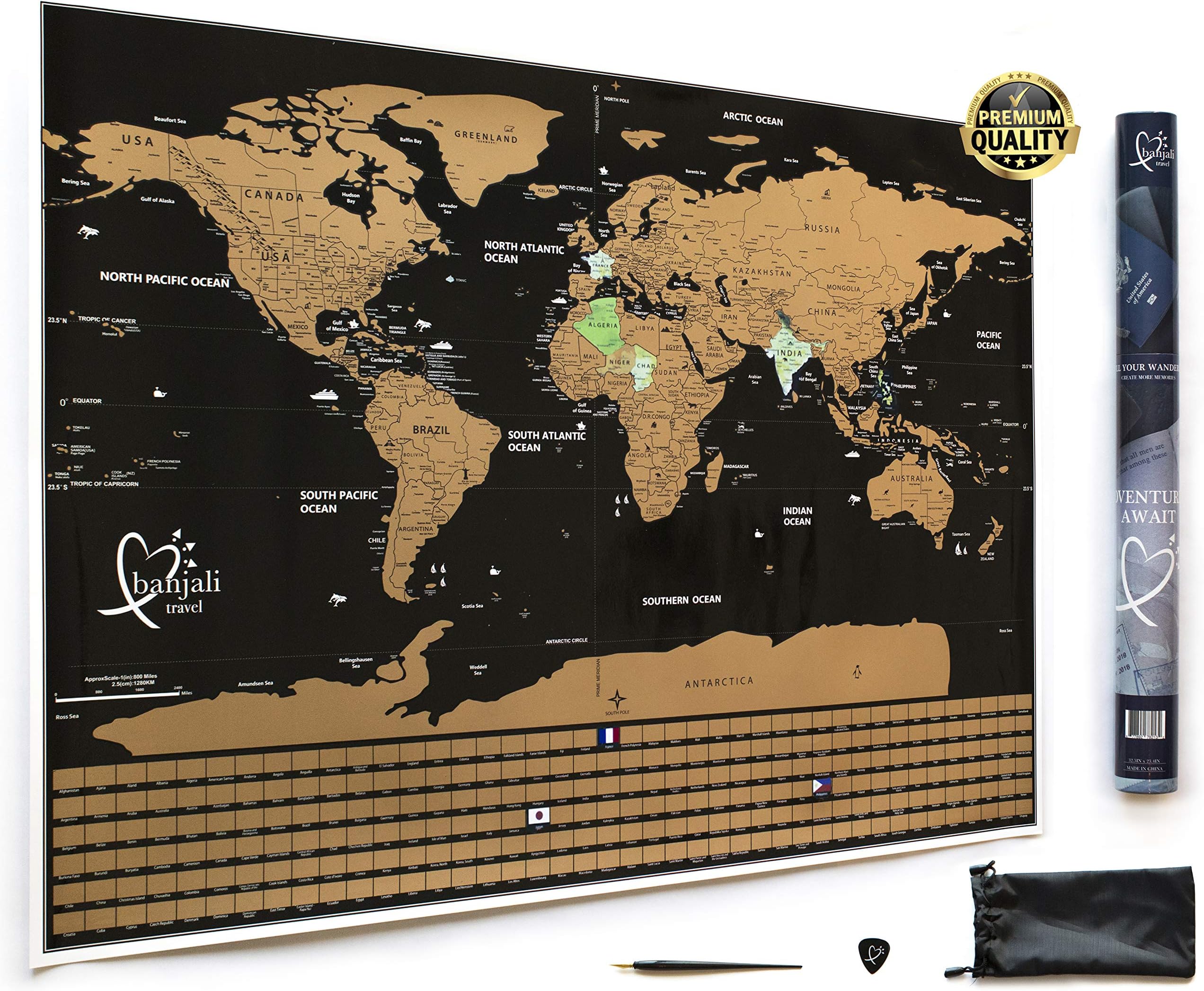Scratch Off Travel World Map by Banjali Travel with Country Flags - Frameable Poster - Includes a Guitar Pick, Pen Scratcher and Tube - 33 x 24 inches