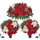 Artificial Christmas Cemetery Decoration for Grave,Gravesite Flower Bouquet | Three-piece set Gold Dusted Red Poinsettia, White Lily & Pine Cone Xmas Saddle Arrangement