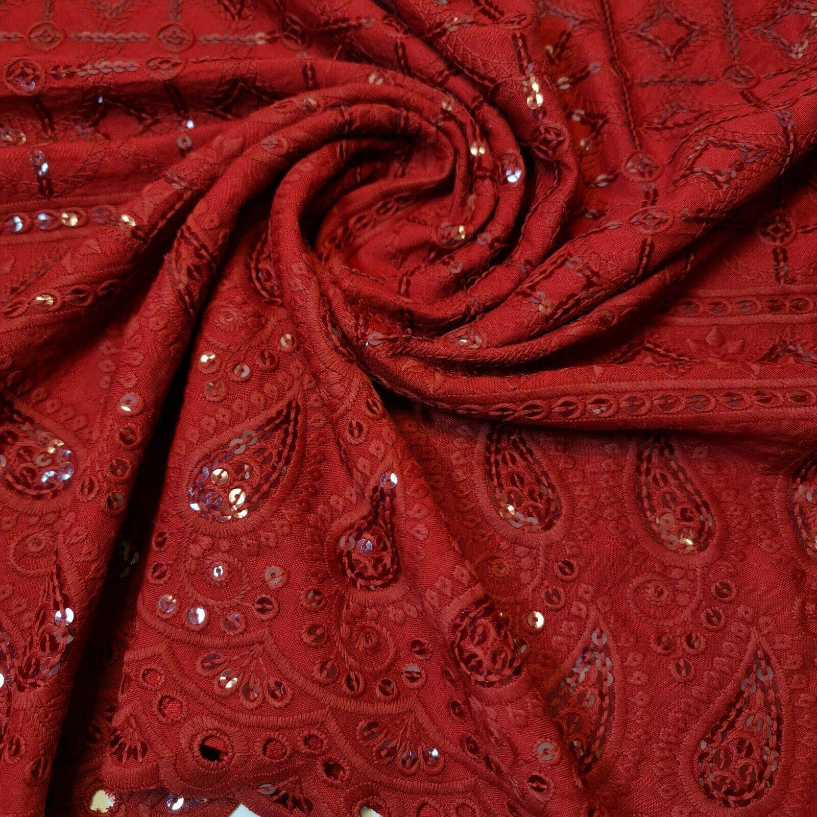 New Spring Soft Poly Cotton Broderie Anglaise Sequin Anglias Hole Border Craft Dress Fabric 44" - 112 cm Wide Sold As Pre - Cut Lengths (2 Meter, Deep Red)
