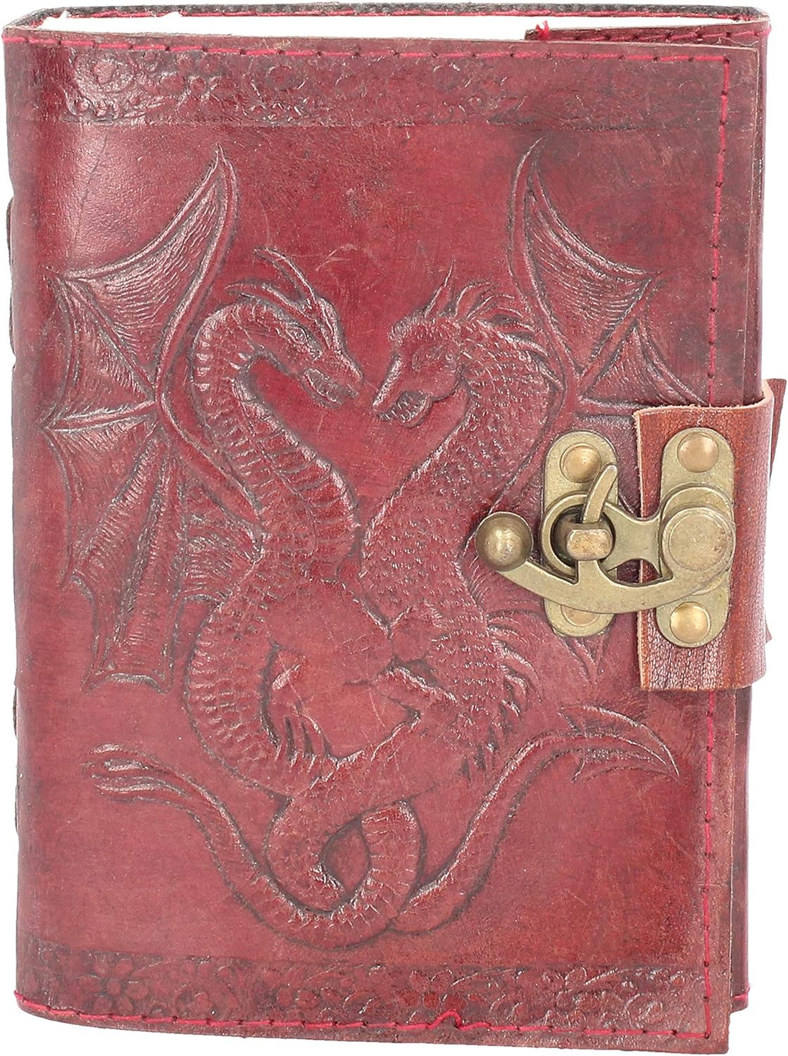 Nemesis Now Double Dragon Leather Journal With Lock 20cm Brown, Red, 12.5 x 18cm