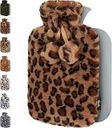 Qomfor Hot Water Bottle 2L Brown Leopard with Fleece Cover & Pompoms