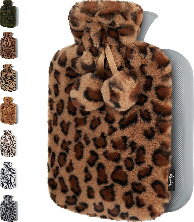 Qomfor Hot Water Bottle 2L Brown Leopard with Fleece Cover & Pompoms