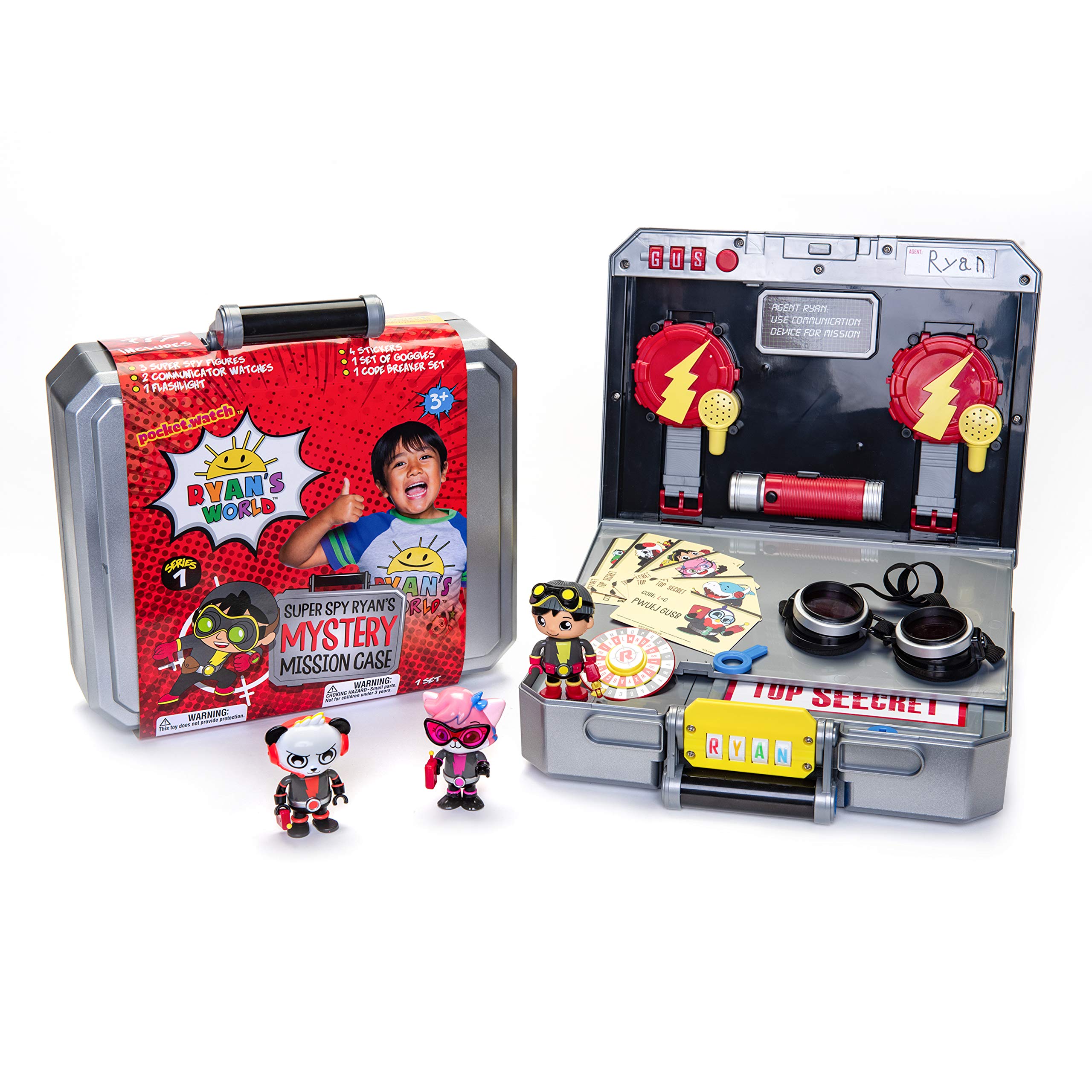 RYAN'S WORLD Secret Agent Mystery Mission Case, 3 Exclusive Spy Figures, 2 Wrist Communicators, Flashlight, Goggles, Code Breaker Spinner, Stickers, Accessories, UNbox