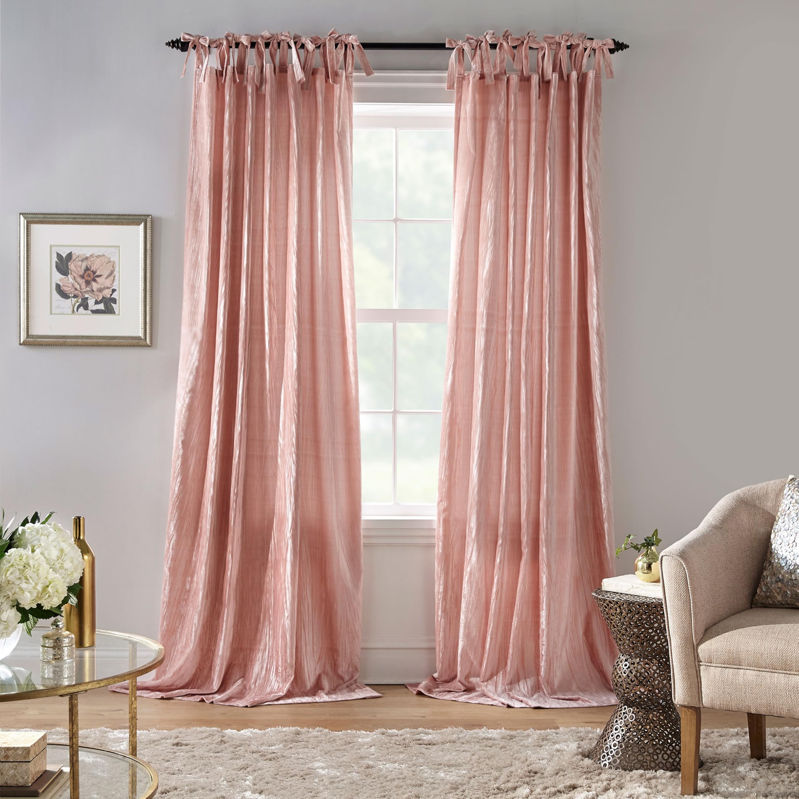 Elrene Home Fashions Korena Rustic Vogue Tie-Top Crushed Velvet Window Curtain Panel, Blush, 52" W x 84" L, 1 Panel