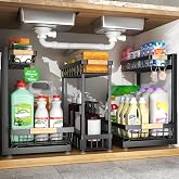 Sevenblue 3-Pack 2-Tier Height Adjustable Under Sink Organizer, Black | Multi-purpose metal storage shelf with sliding shelves for kitchen, bathroom, pantry &amp; laundry cabinet