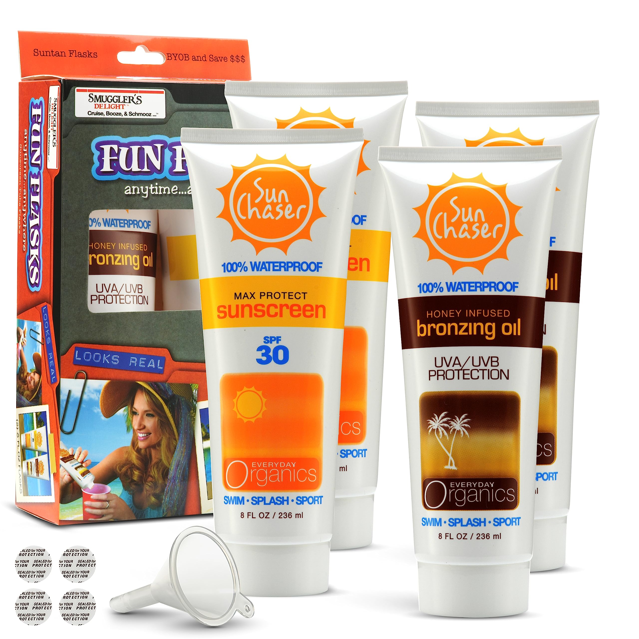 Photo 1 of Smuggler's Delight Sunscreen Hidden Alcohol Flask for Cruise Ships & Concerts, Bronzing Oil & Sunscreen Flasks for Hidden Liquor, Set of Four 8oz Bottles, 32oz Total