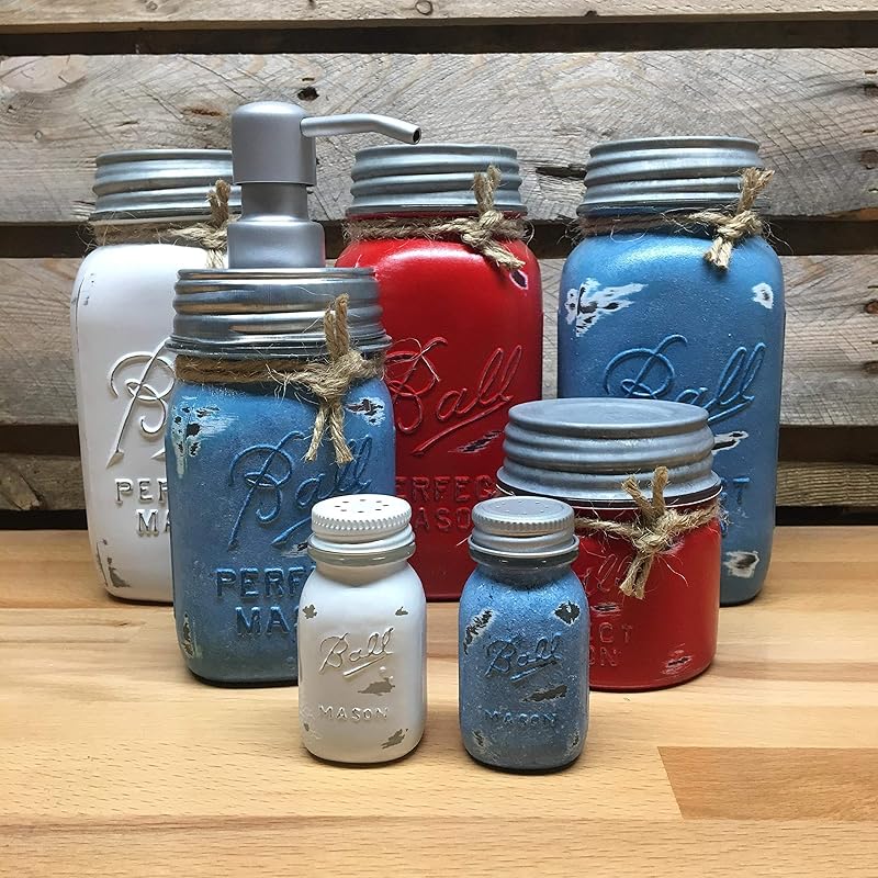 7 Piece Rustic White, Red, and Blue Mason Jar Canister Set