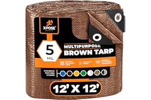 Multipurpose Protective Cover Brown Poly Tarp 12' x 12' - Durable, Water Resistant, Weather Resistant - 5 Mil Thick Polyethylene - by Xpose Safety