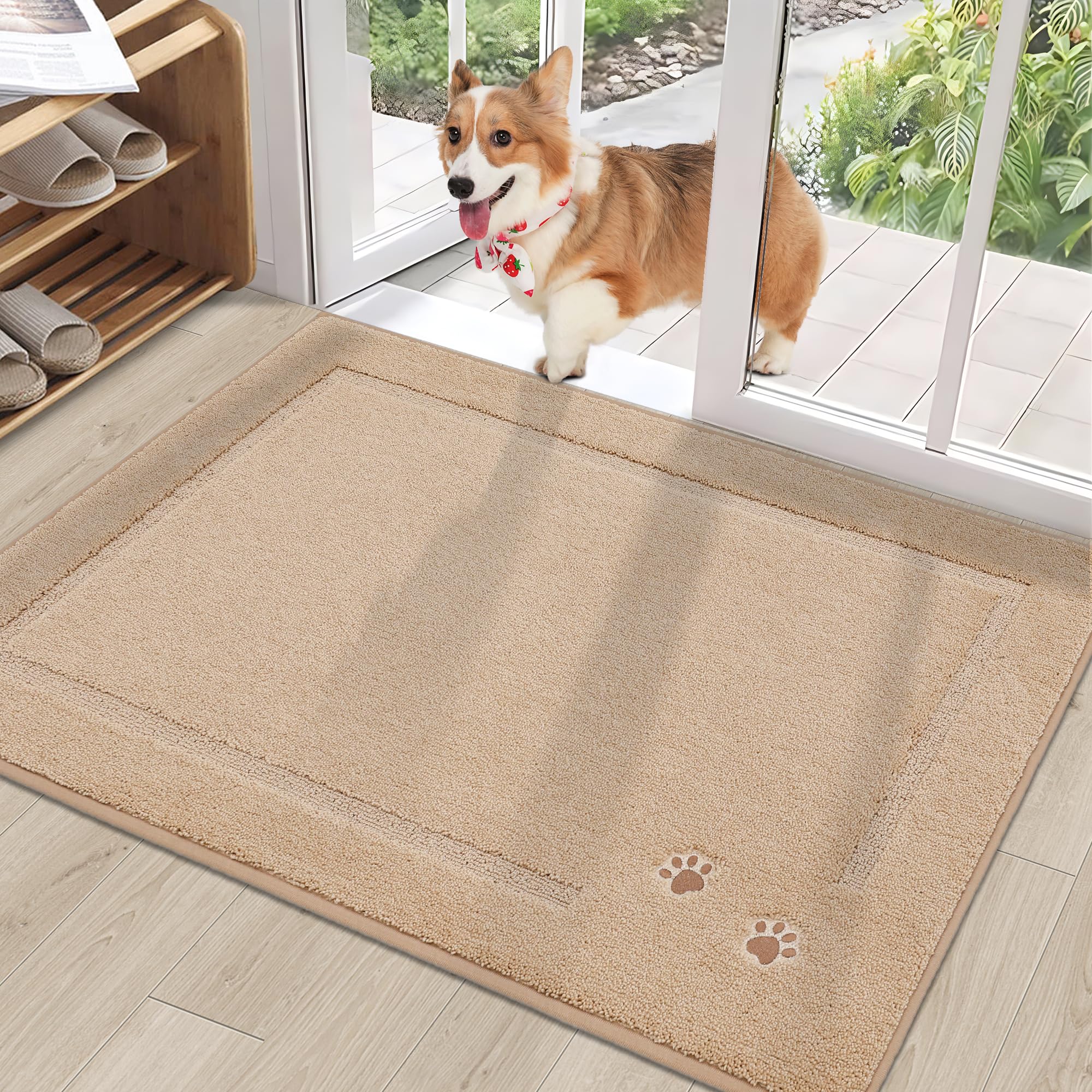 Photo 1 of BEQHAUSE Dog Door Mat for Muddy Paws Dirt Trapper Absorbent Indoor Door Mats Non-Slip Washable Entryway Rug Low-Profile Welcome Dog Mat Polyester Mud Mat for Dogs and Wet Shoes,Taupe 32"x48"