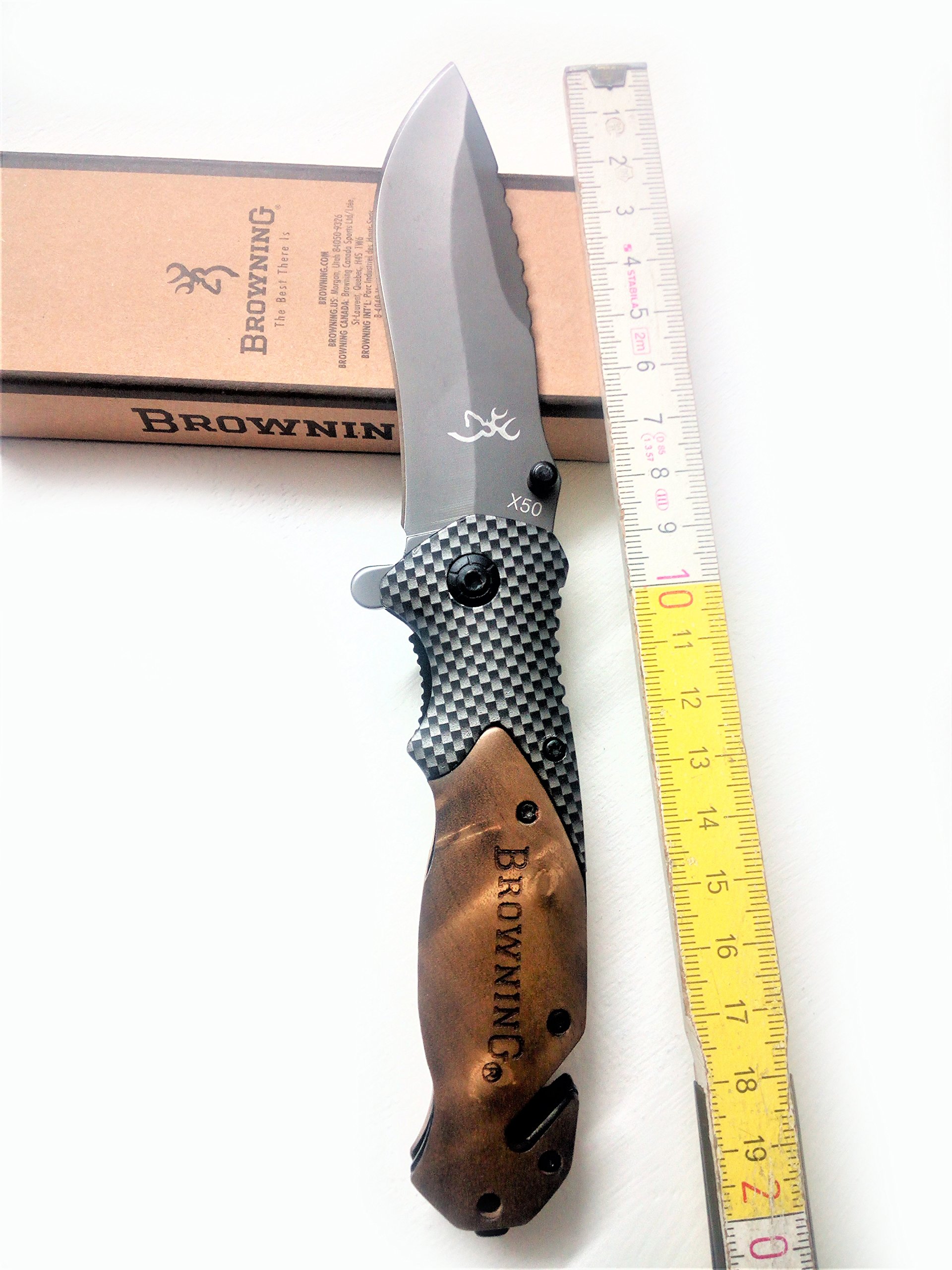 Brrrowning Hunting Folding Knife with Seat Belt Cutter and Slotted Screwdriver for Survival Camping Tactical, Gray Titanium Coating Blade and Wood Handle