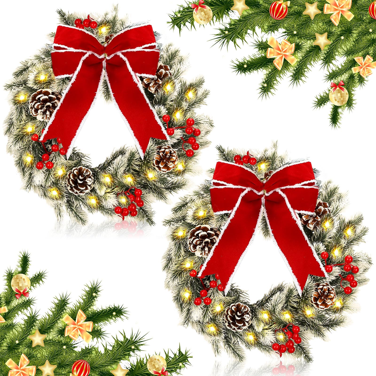 Photo 1 of Giegxin 2 Pcs Christmas Lighted Wreath with Pinecones Red Berries Snowflake Decor and Large Red Bowknot Christmas Outdoor Wreath with LED Warm Lights for Xmas Winter Holidays Decoration (Elegant)