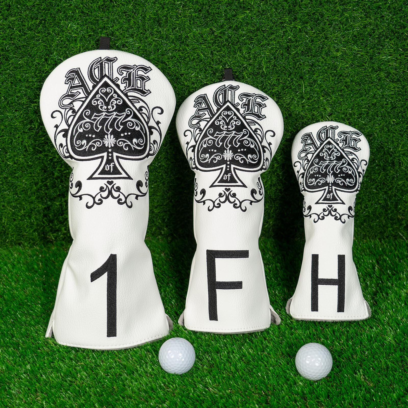 Golf Club Head covers Wood Set 3 PACKS 1FH DR FW UT for Driver Fairway Hybrid with No.Tag Elastic Closure White PU Leather Lucky7 Embroidery
