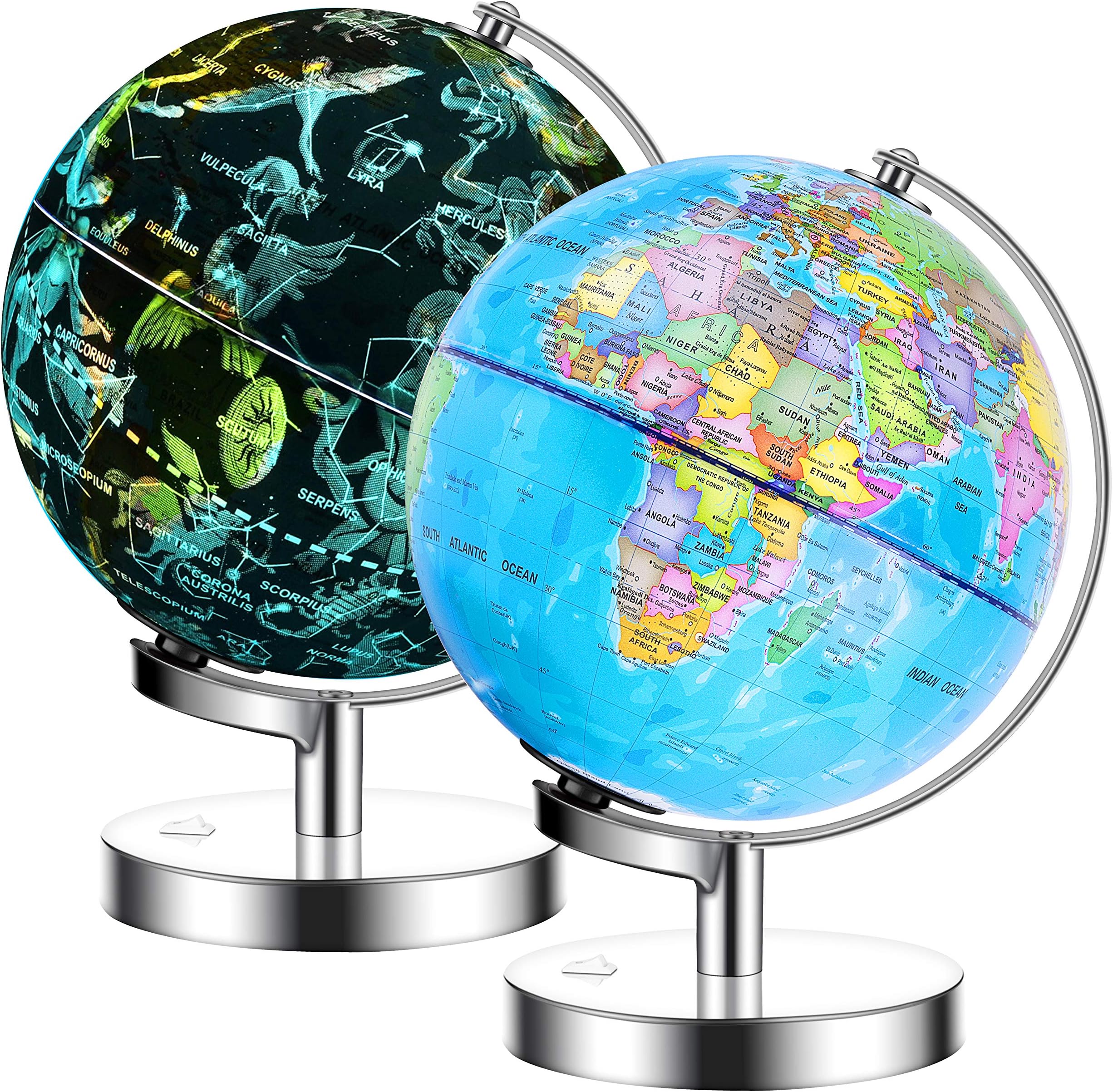 IKONG 8 inch Iluminated World Globe with Stand-Educational Office Globe Built in LED Light with World Map and Constellation View,Interactive Desktop Earth Globe,Magnifier and Batteries Included