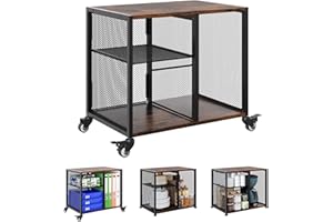 Solinxe Under Desk Printer Stand - 3 Tier Rolling Printer Cart with Adjustable Shelves & Lockable Wheels, Heavy-Duty Standing Desk Storage Rack for Home, Office, Rustic Brown