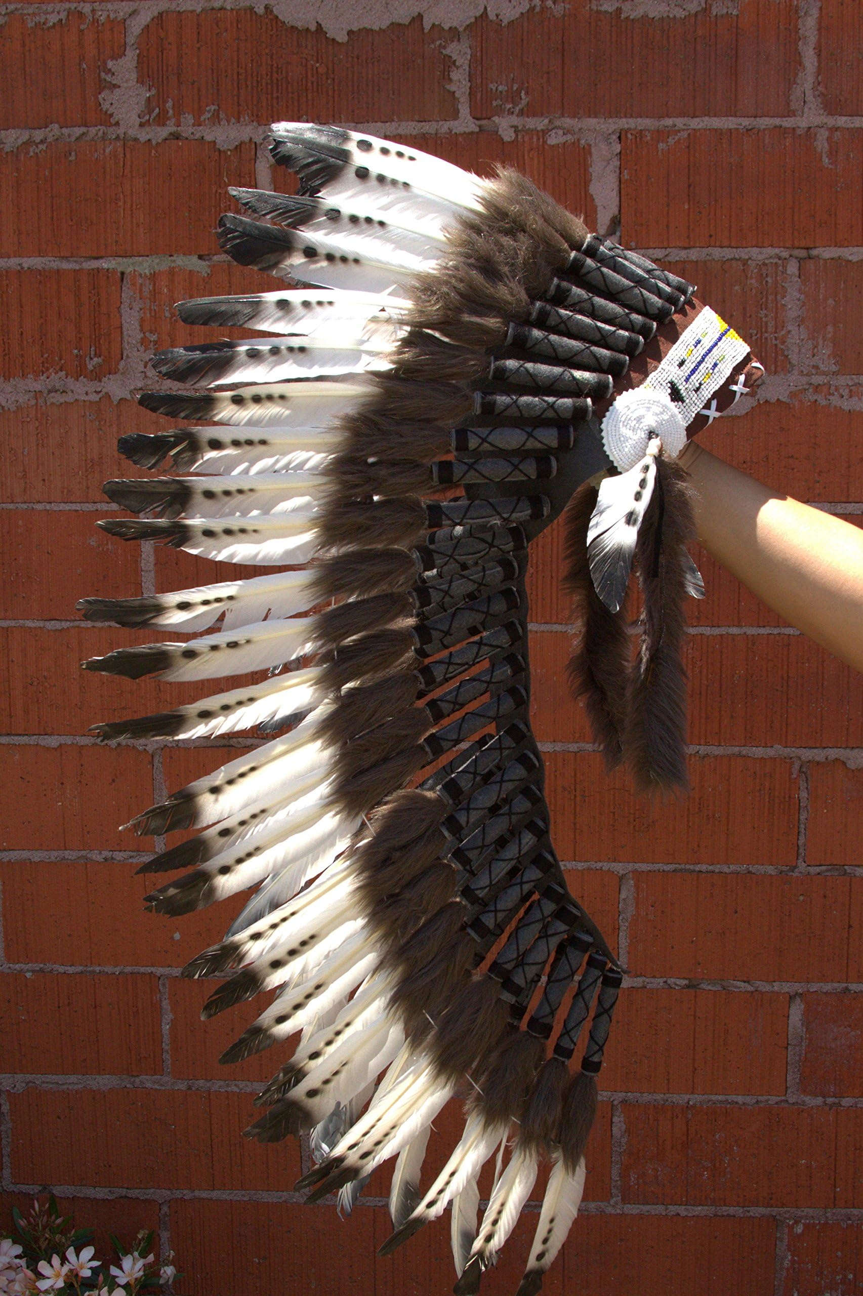 Tribal Costume MH006 Medium Indian Headdress 36 Inches Long, White & Brown