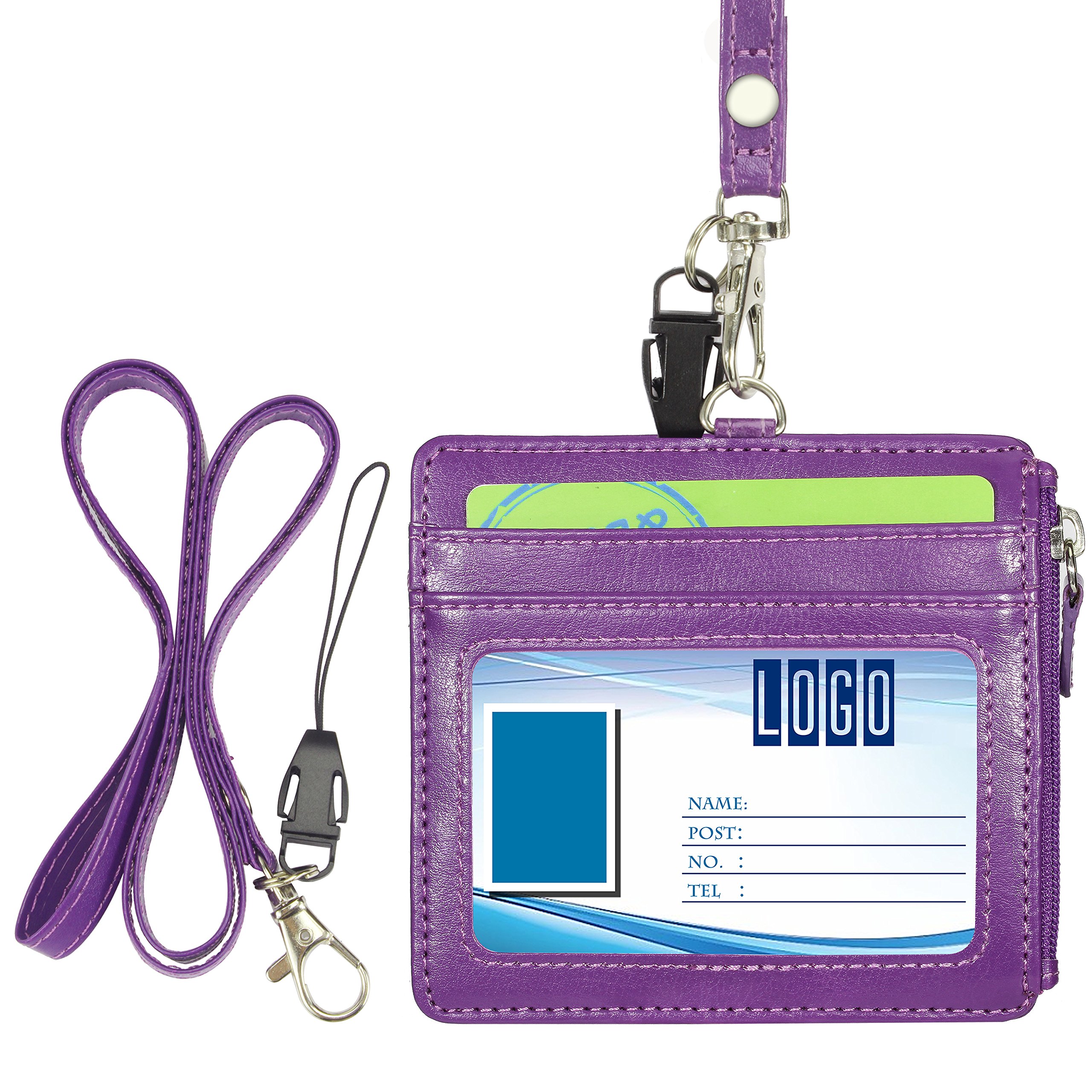 Badge Holder with Zip, Wisdompro 2-Sided PU Leather ID Badge Holder with 1 ID Window, 4 Card Slots, 1 Side Zipper Pocket and 1 Piece 20 Inch PU Neck Lanyard/Strap - Purple (Horizontal)