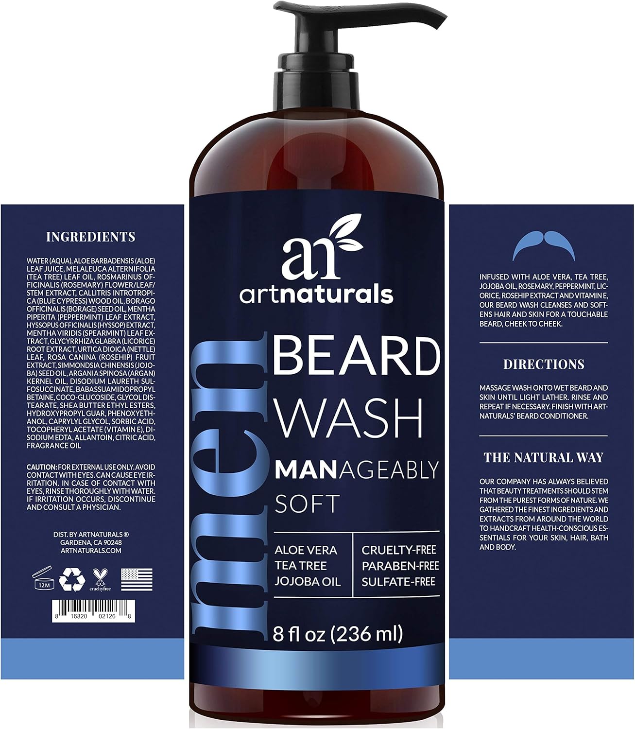 ArtNaturals Natural Beard Shampoo Wash - (8 Fl Oz/236ml) - Infused with Aloe Vera, Tea Tree and Jojoba Oil - Sulfate Free - Image 4
