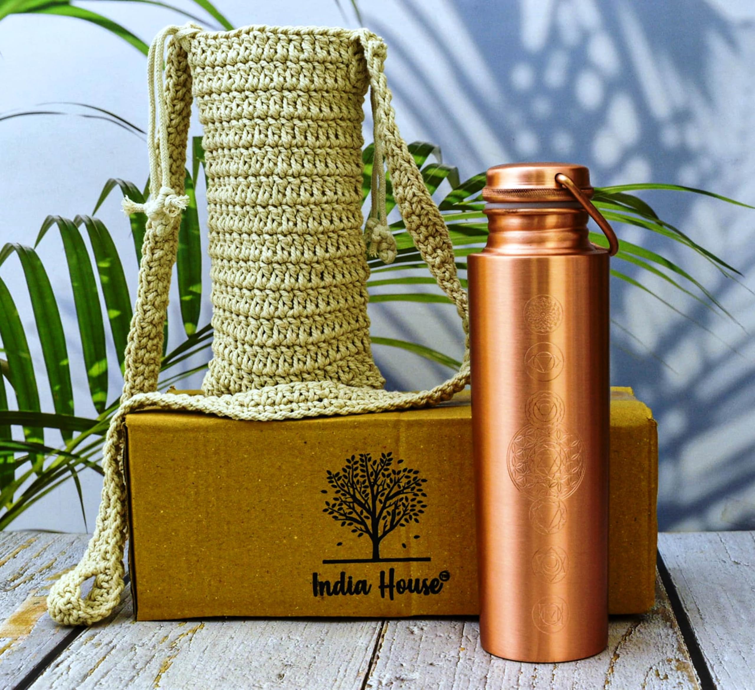 Copper Bottle 7 Chakra 100% Pure Copper and carry bag/Water Bottle/1000ml/Meditation/Gym/Yoga from India (Matt finishing) — image 1