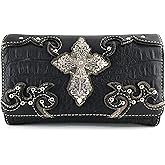 Justin West Western Tooled Croc Animal Faux Leather Silver Rhinestone Cross Studded Wristlet Trifold Wallet Attachable Long Strap (Black)
