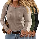 Velvelhall 4 Pack Women's Long Sleeve Shirts, Crew Neck Ribbed Stretch Tees Slim Fit Fall Knit Tops Casual Basic Undershirts