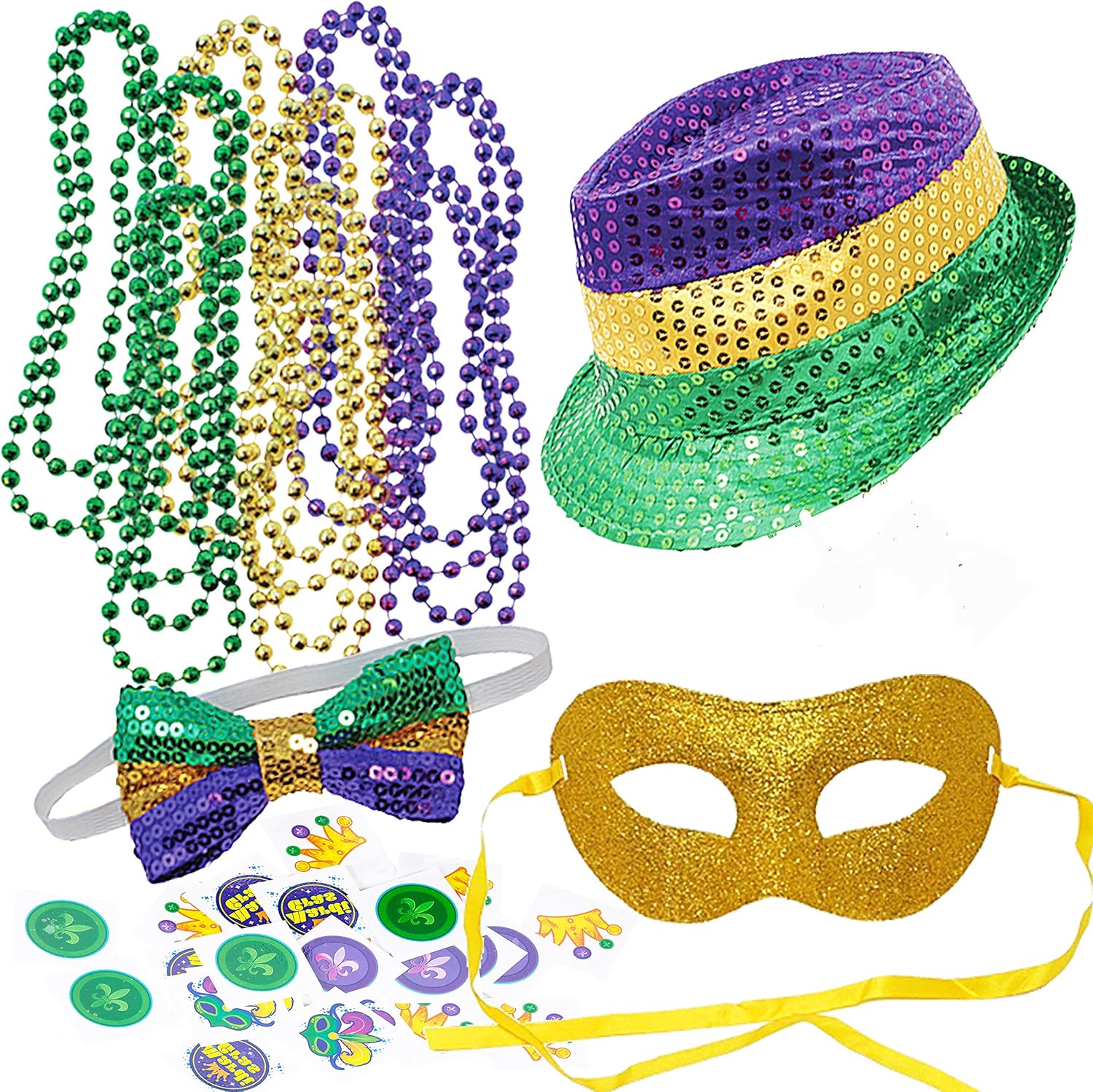 JOYIN Mardi Gras Accessory Set Party Favors with Beads Necklaces, Sequin Fedora Hat, Masquerade Mardi Gras Mask, Sequin Bow Tie. 24 Temporary Tattoos, 3 Pendants