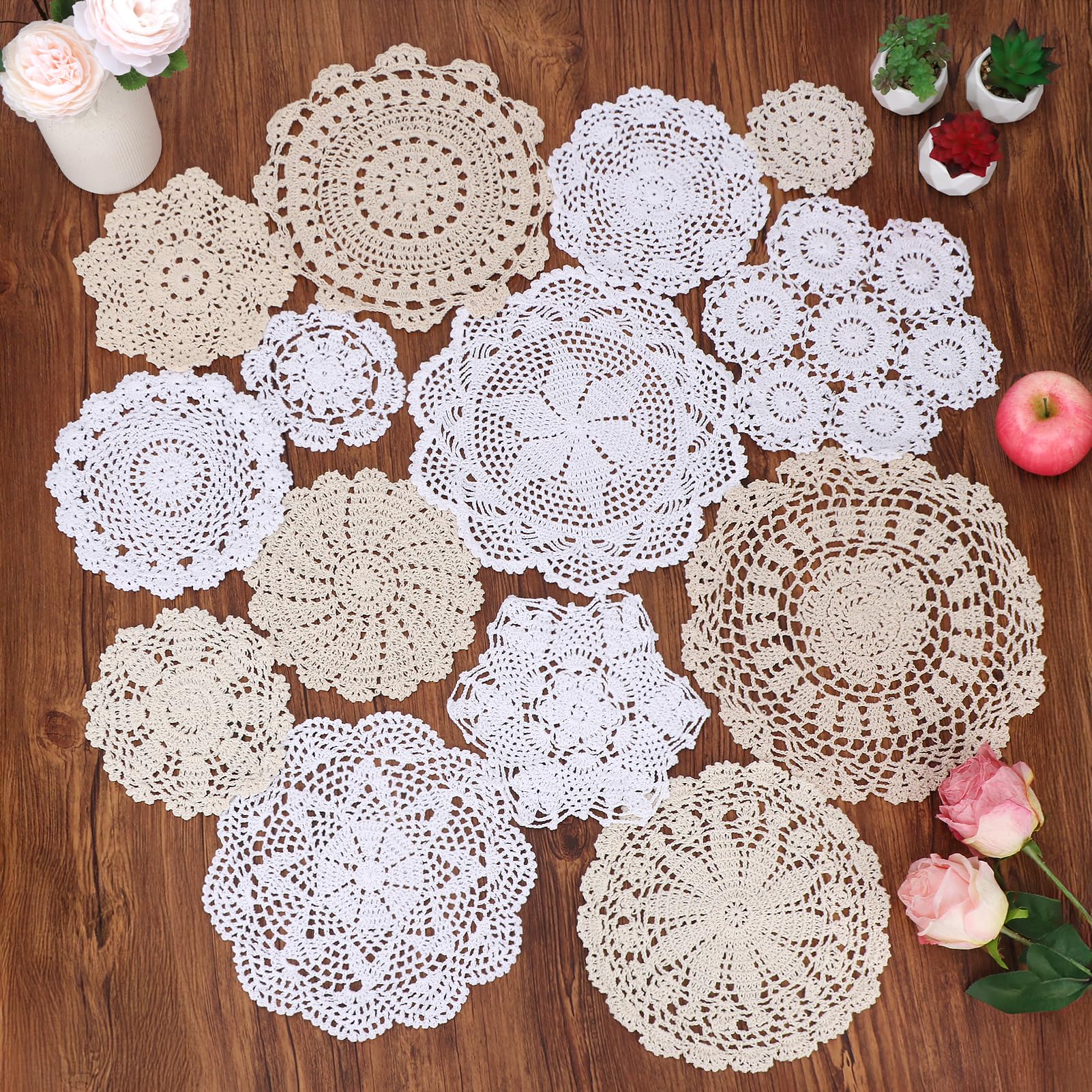 kilofly 14 pcs Cotton Crochet Coasters Doilies 11-30 cm Handmade White Beige Placemats