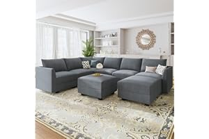 HONBAY Modular Sectional Sofa with Storage Seat Oversized U Shaped Modular Couch with Reversible Chaise Sectional Sleeper Sofa with Ottoman for Living Room, Bluish Grey