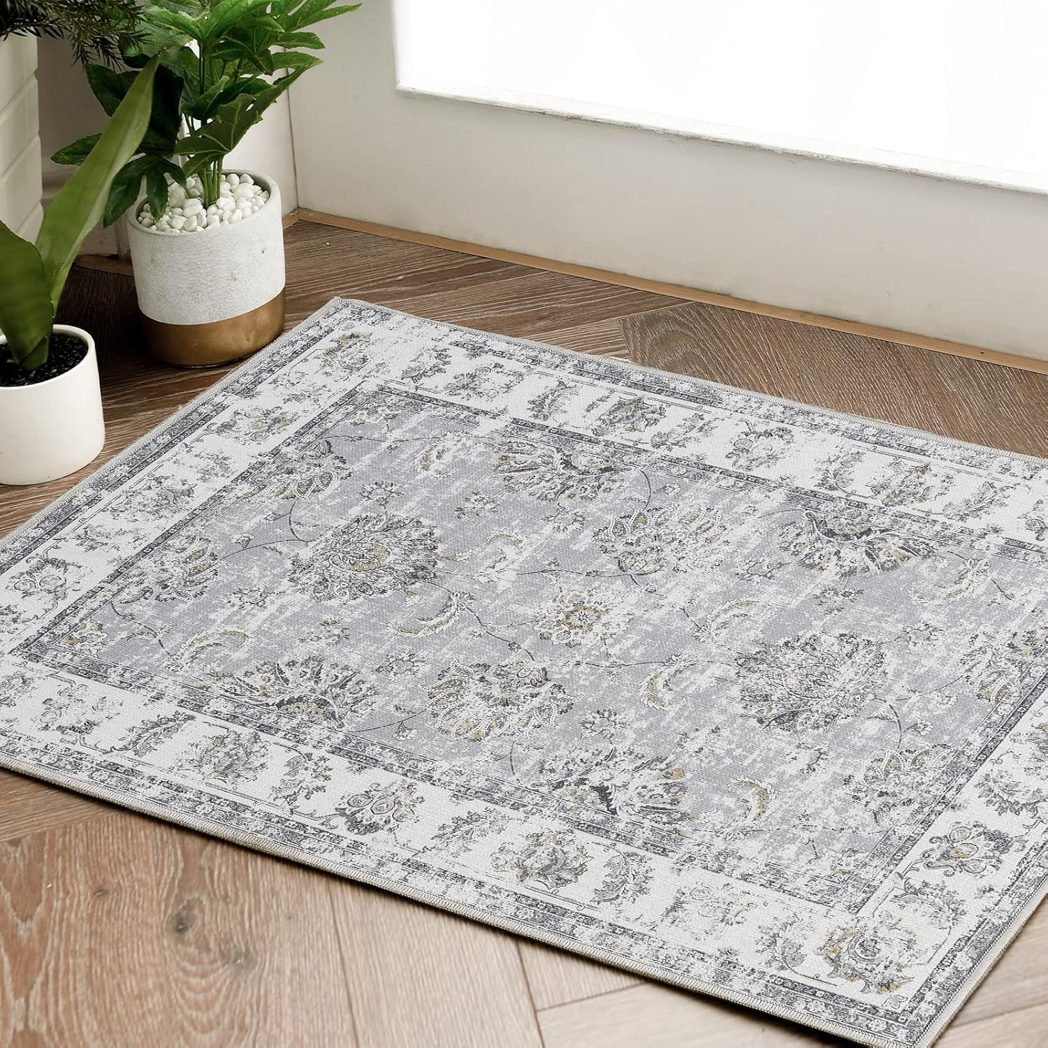 Rugs, Pads & Protectors - jinchan Area Rug 2x3 Entryway Non-Slip Washable Rug Vintage Rug Floral Print Indoor Small Doormat Thin Rug Retro Accent Rug for Bathroom Kitchen Living Room Bedroom Grey