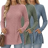 Oakgarden 3 Pack Women's Long Sleeve Shirts with Side Split Crew Neck Lightweight Tunic Sweaters Ribbed Casual Fall Tops