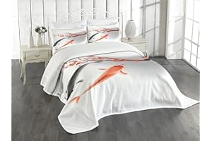 Ambesonne Japanese Bedspread, Koi Carp Fish Couple Swimming with Cherry Blossom Sakura Branch Culture Design, Decorative Quilted 3 Piece Coverlet Set with 2 Pillow Shams, King Size, Orange Grey