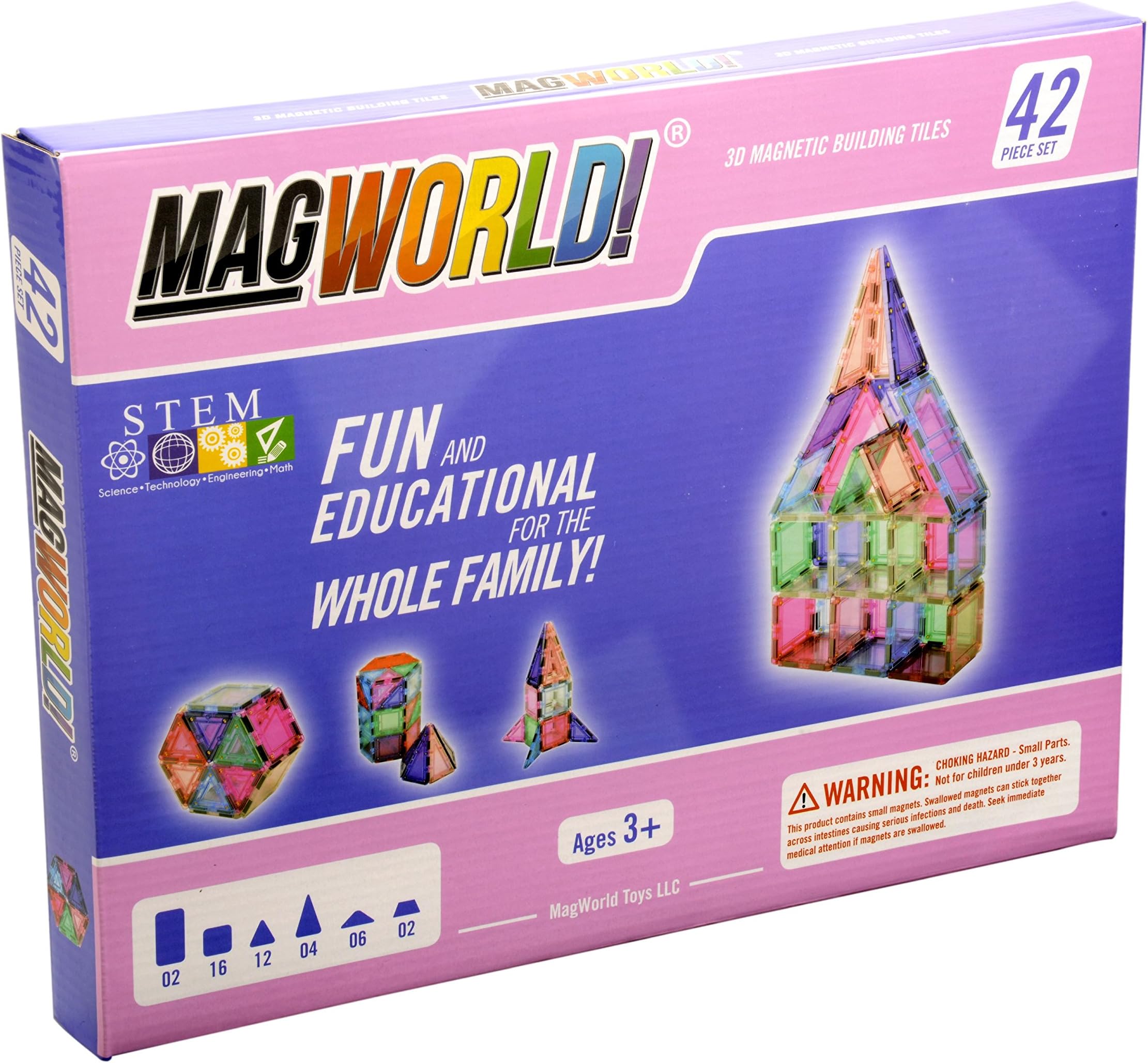 Magnetic Construction Pastel Colors-42 Piece Set. Create 2D and 3D Shapes, Figures & Architecture. STEM Play Age 3 and Up.