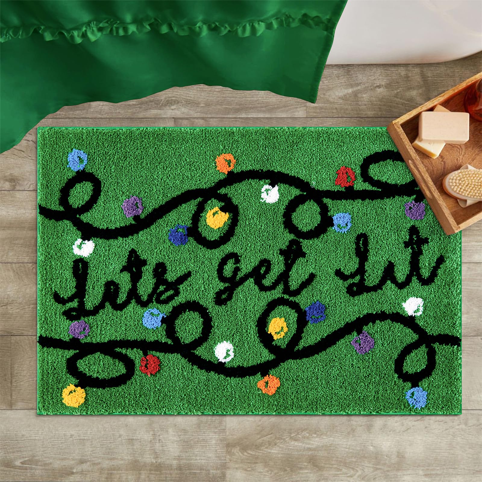 Photo 1 of ***MINOR DAMAGED - SEE NOTES/PICTURES***RoomTalks Let’s Get Lit Christmas Lights Throw Rugs for Kitchen Entryway Indoor Doormat Washable 2 x 3 mas Small Rugs Non Slip, Cute Green Cheer Festive Seasonal Bath Mat for Bathroom
