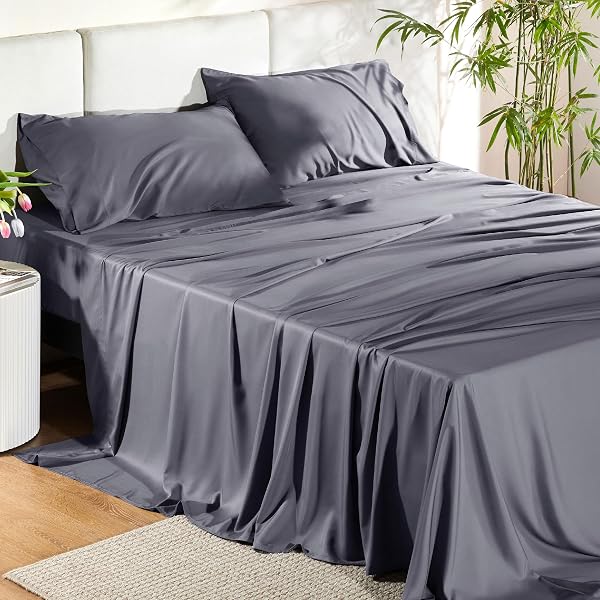BEDSURE QUEEN SHEET SET, COOLING SHEETS FOR QUEEN SIZE BED SET, RAYON DERIVED FROM BAMBOO, BREATHABLE & SOFT DEEP POCKET UP TO 16 INCHES, HOTEL LUXURY SILKY BEDDING, BEDSHEET & PILLOWCASES, DARK GREY