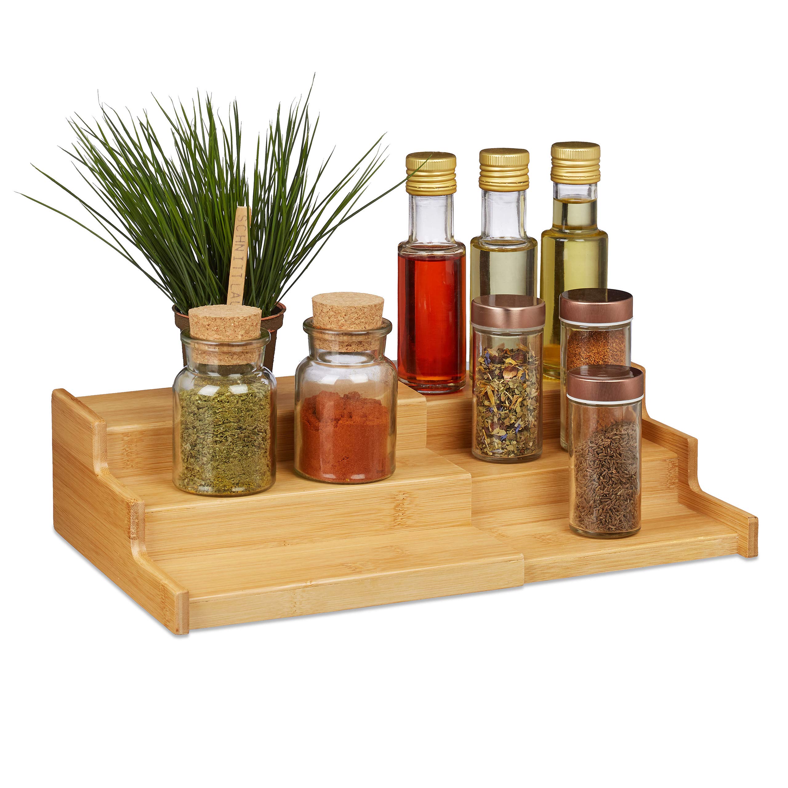 Relaxdays Spice Rack Bamboo, 3 Shelves, Extendable, Natural Look, Seasoning and Oil Storage, HWD: 9 x 38 x 22 cm, Brown