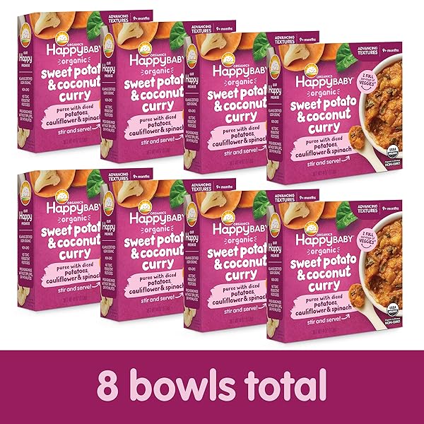 HAPPY BABY ORGANICS BABY FOOD, ADVANCING TEXTURES BOWL SWEET POTATO & COCONUT CURRY PUREE WITH DICED POTATOES, CAULIFLOWER & SPINACH, 4 OZ (PACK OF 8)