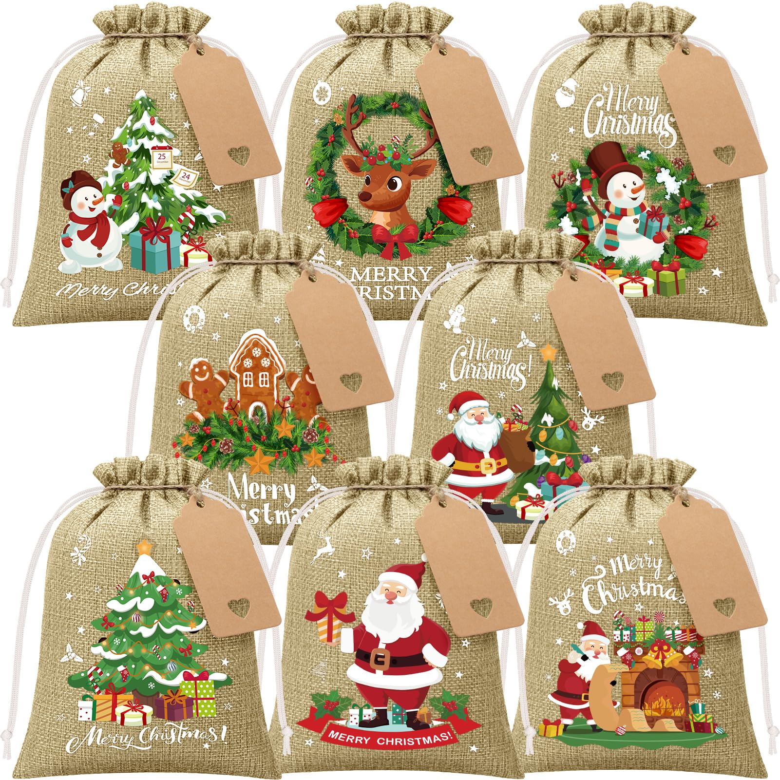 Photo 1 of FLOE 24Pcs Christmas Burlap Gift Bags with Drawstring, 6x8in Christmas Linen Treat Bags with Tag Goody Gift Bag Small Jute Xmas Candy Reusable Gifts Wrapping Bag Xmas Holiday Party Favors Linen Sacks