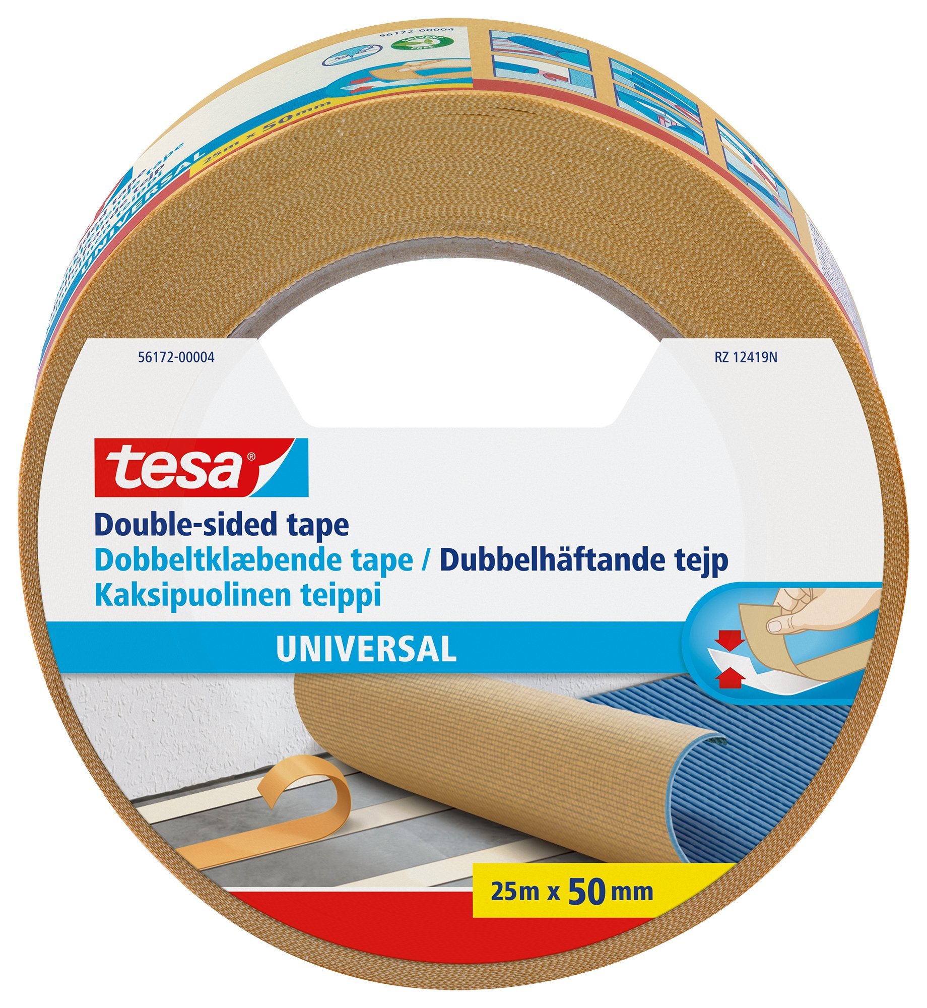 tesa UK 56172-00004-11 Strong Double Sided Adhesive Tape for Fixing Carpets, 25 m x 50 mm