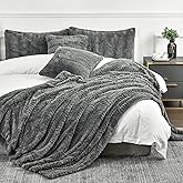 YUSOKI Luxury Faux Fur Blanket for Queen Size Bed 2 Layers,7.3lb,All Ages,Home Decoration Without Pillows (Grey,90"x90")