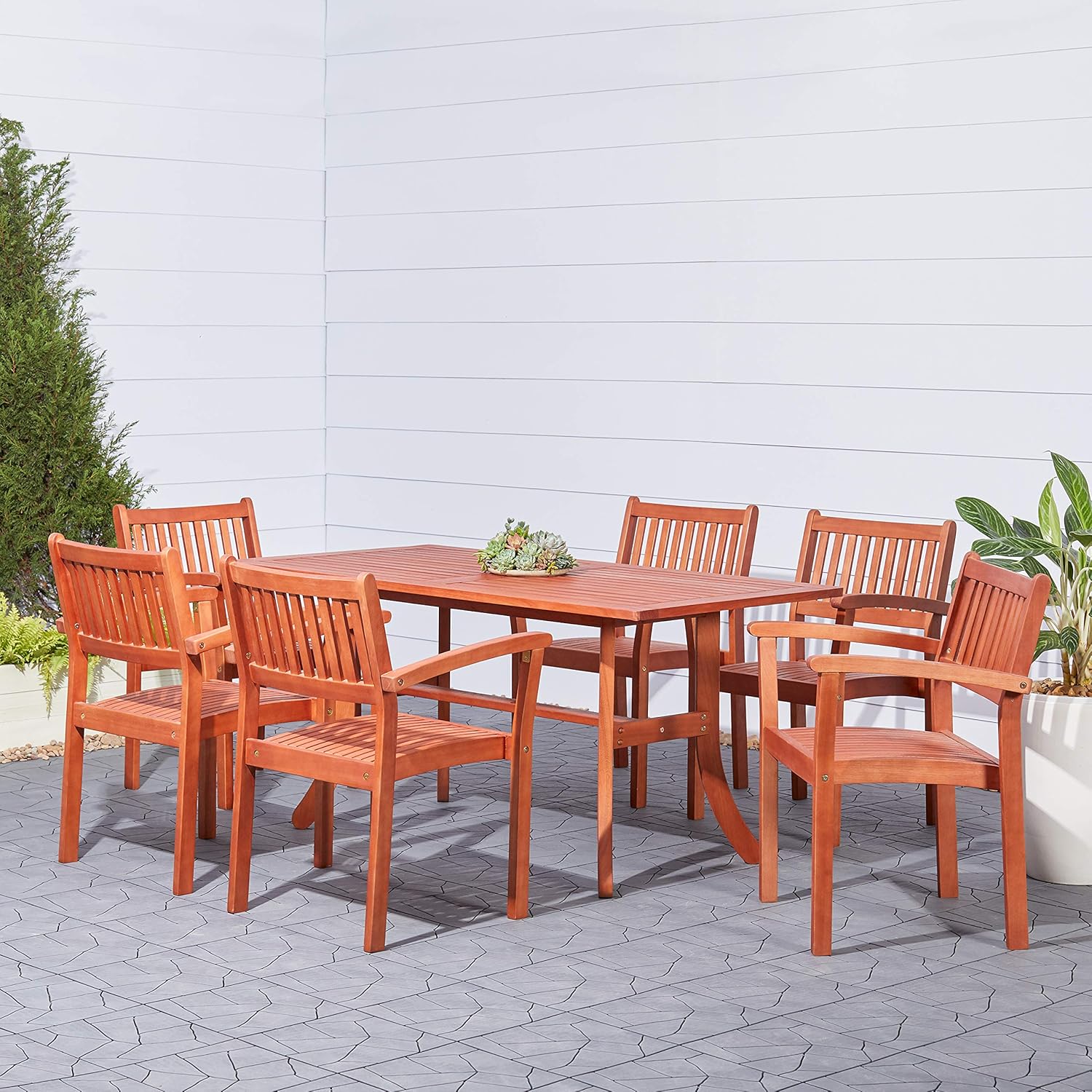 Vifah Malibu Outdoor 7-Piece Wood Patio Dining Set with Stacking Chairs: Garden & Outdoor