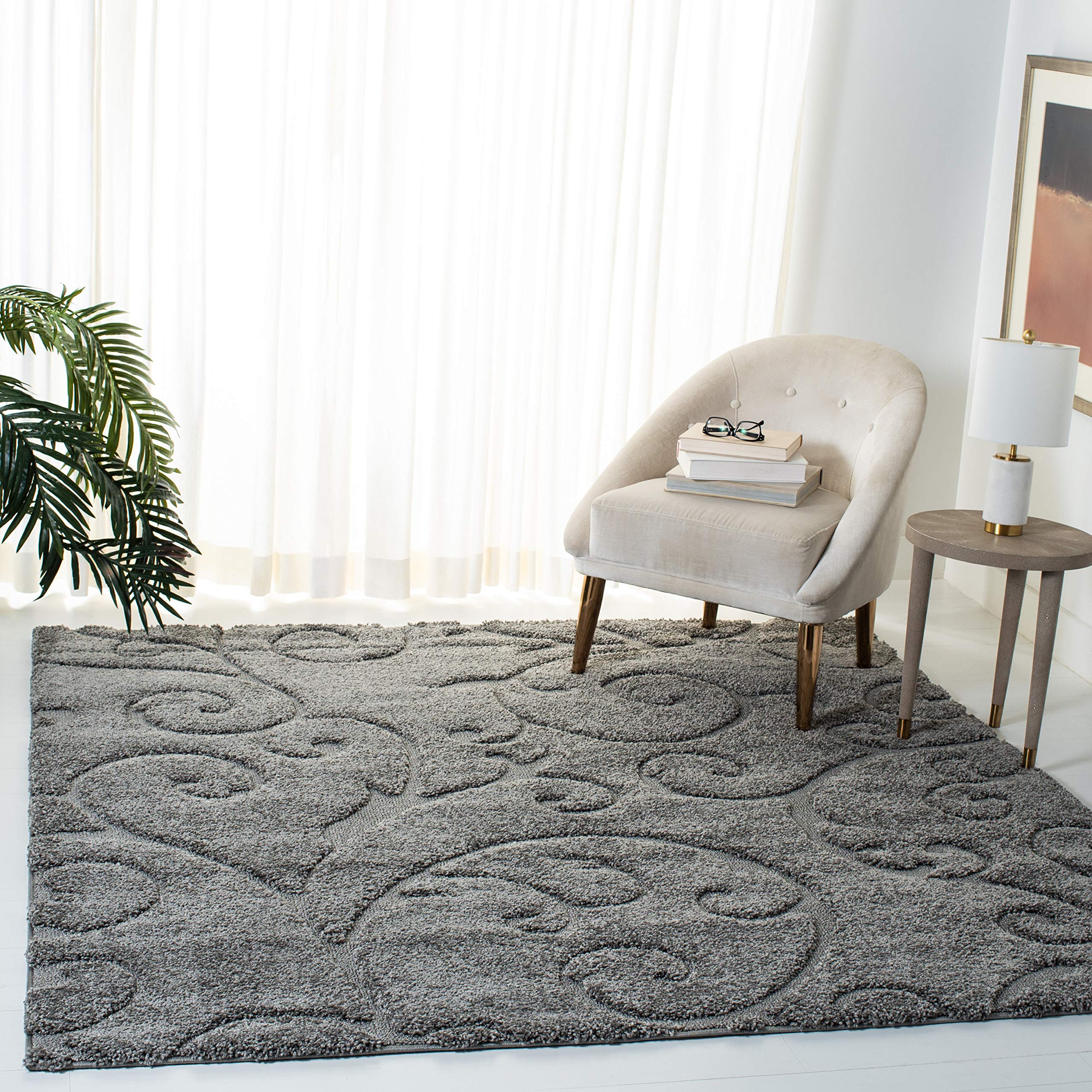 SAFAVIEH Florida Shag Collection Area Rug - 9' Square, Grey, Scroll Design, Non-Shedding & Easy to Clean, High-Low Plush Pile, Ideal for Living Room, Bedroom, Dining Space (SG455-8013) Image