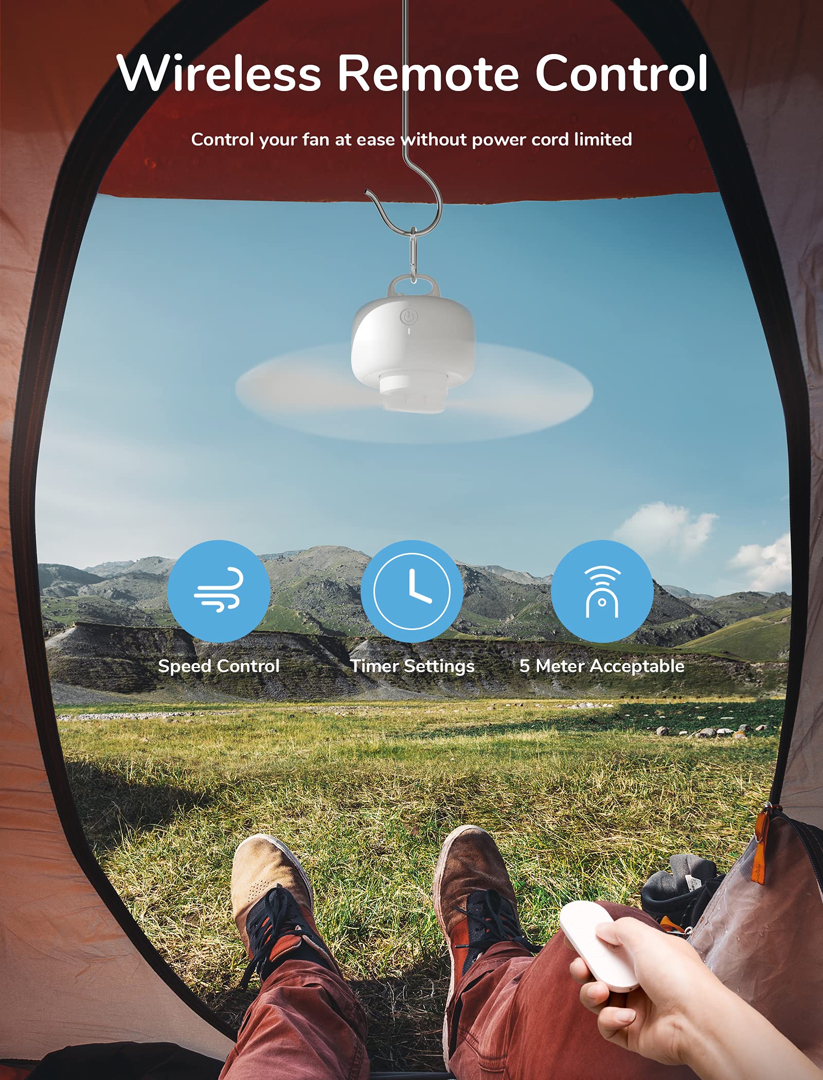 JISULIFE Camping Fan 8000mAh Battery Operated, Portable Tent Rechargeable with Remote Control, Detachable Fan-Blades, Hanging Hook, Timer, 4 Speeds for Outdoor Dorm-White