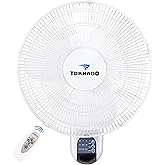 Tornado 16 Inch Oscillating Wall Mount Fan Remote Control Included 3 Speed 2050 CFM 6 FT Cord UL Safety Listed