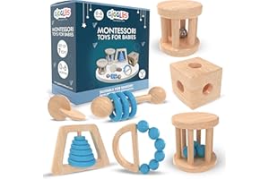 Giggles Montessori Toys for Babies 0-6 Months, Wooden Baby Toy Rattle, Teether, Teethers, Teething for Babies, Natural Wood, Baby Toys, Infant Circle Rattle, Rattles, Baby Wooden Toys 6-12 (Blue)