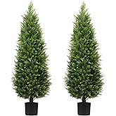 4ft Artificial Cedar Trees Artificial Topiary Trees Set of 2 Faux Cypress Plants UV Resistant Potted Bushes Faux Shrubs for Outdoor Indoor Front Porch Garden
