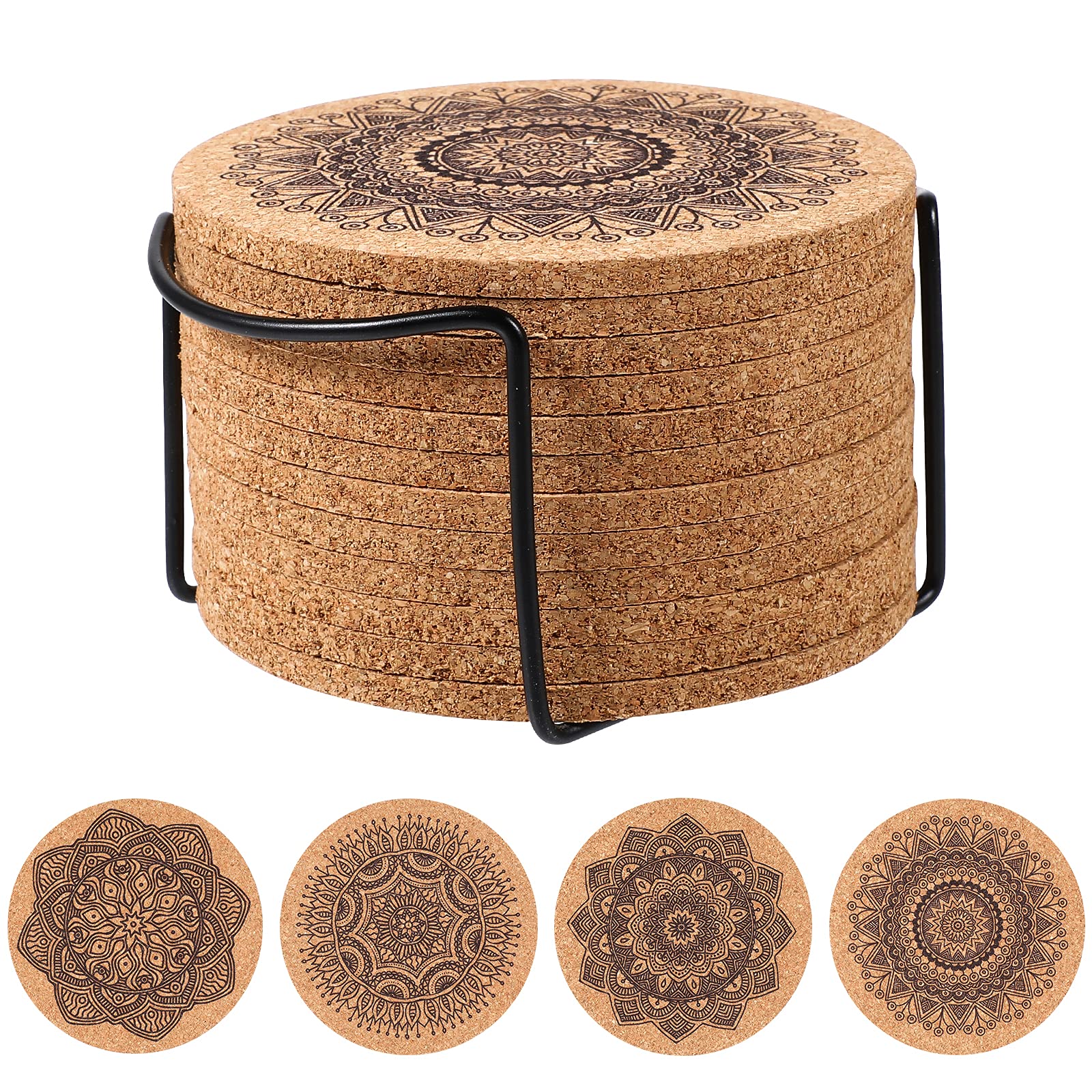 Cork Coasters Set of 12 Cork Sheet with Holder Round Mats Wood Mandala Drinks Coasters for Coffee Beer Mug Home and Bar Teacher Personalised 10x10x0.5cm