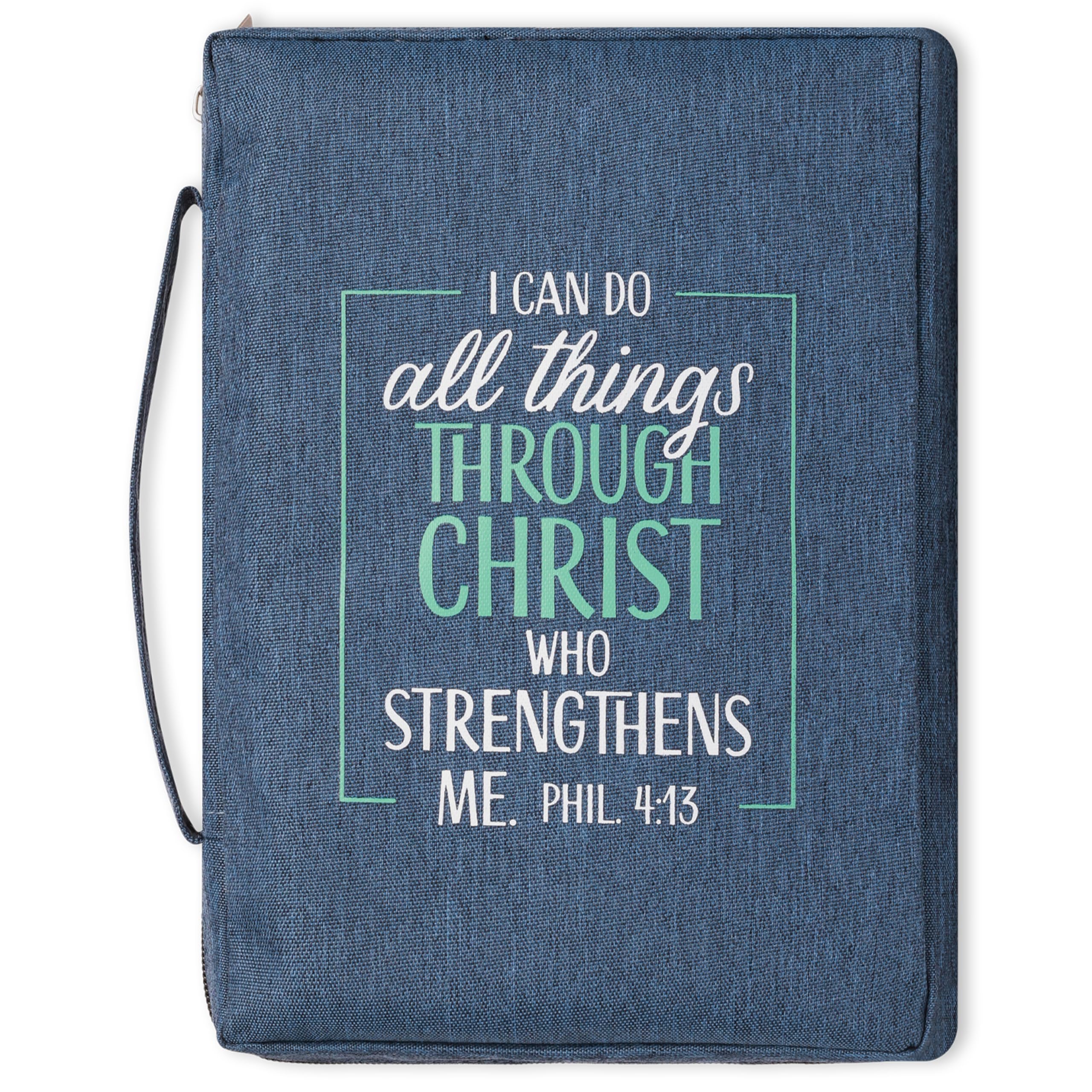Christian Art Gifts Men/Women's Bible Cover I Can Do All Things Philippians 4:13, Blue/Turquoise Canvas, Large