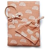 Miaoberry 100% Organic Cotton Muslin Baby Swaddle Blanket Set | Caramel Rainbow| Newborn Girl Unisex Neutral| Boho Vintage Rainbow Baby| Matching Hat Bow |