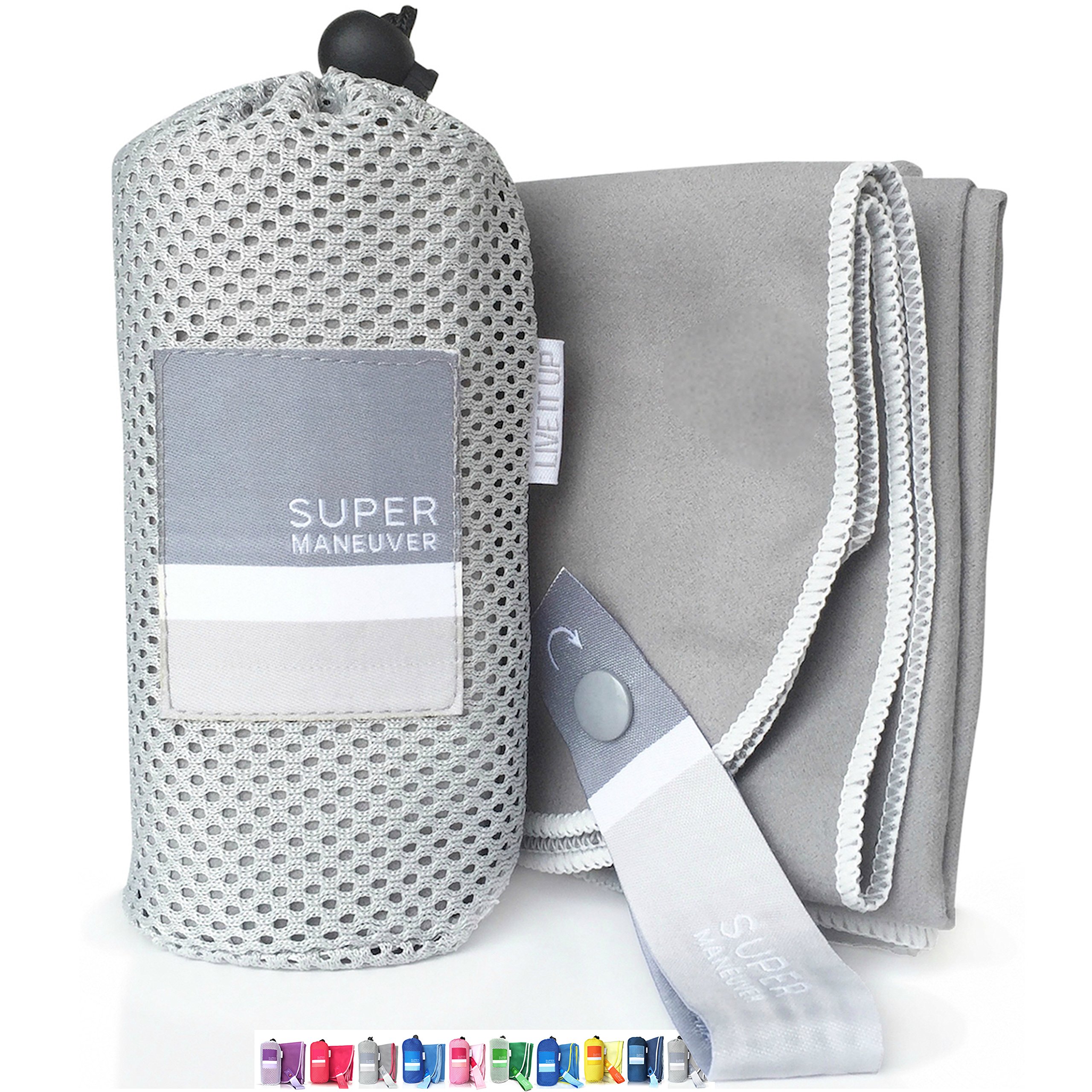 Super Towel for Sports, Travel & Beach — Lightweight, Compact, Absorbent, Quick-Dry, Soft Microfiber Suede — Great for yoga, pool, gym, bath, outdoors, anywhere! (Gray+White, M (40x20"))